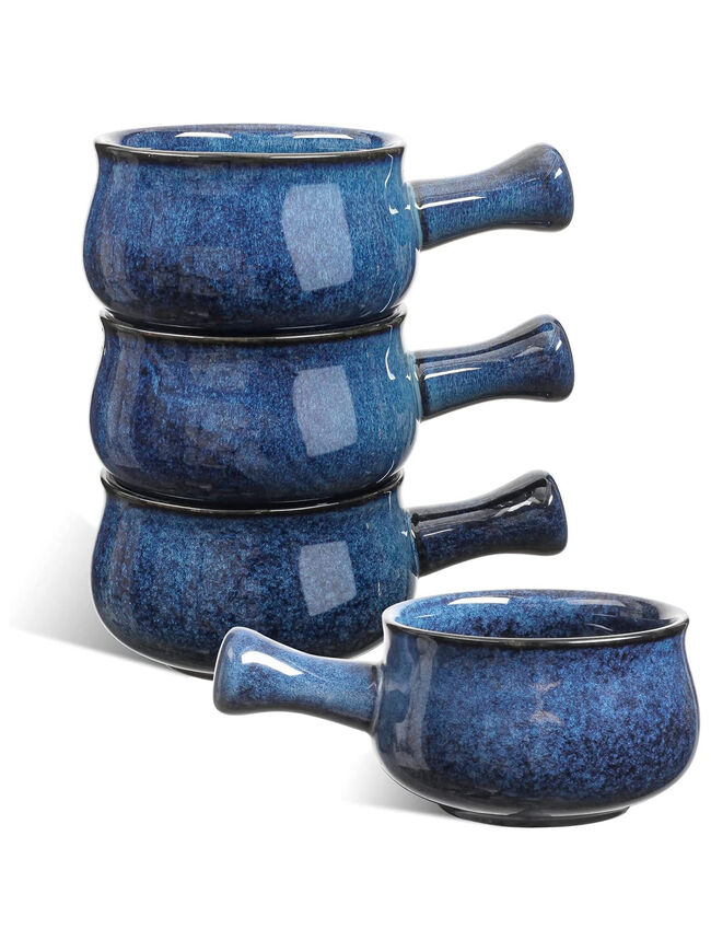 vicrays French Onion Soup Bowls With Handles, 26 Ounce for Soup, Set of 4 (Blue)