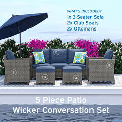 5 Piece Patio Furniture Wicker Conversation Set - 3 Colors Available