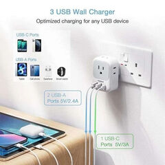 3-PACK: US To UK/HK/Saudi Arabia Travel Adapter With 4 Outlets 3 USB Ports (Fast Charging PD 15W)