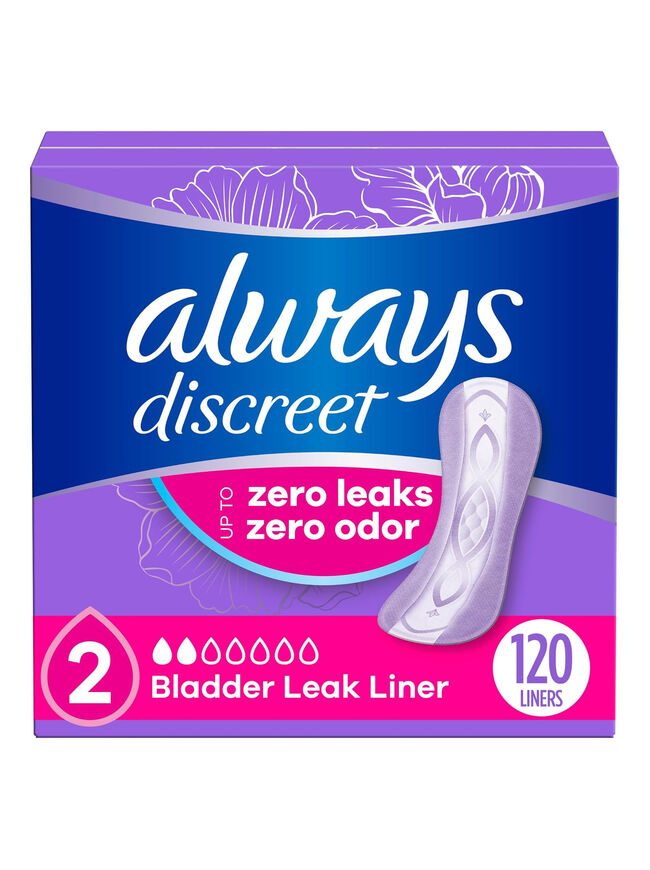Always Discreet Adult Incontinence & Postpartum Liners for Women, Size 2, Very Light Absorbency, Regular Length, 120 Count (Packaging May Vary)