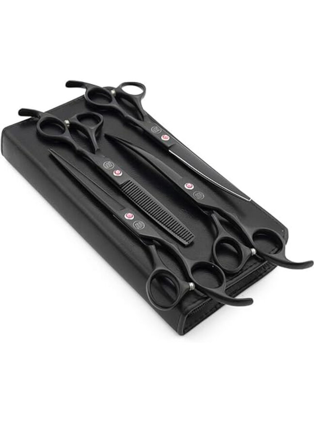 Moontay Professional 7.0" Dog Grooming Scissors Set, 4-pieces Straight, Upward Curved, Downward Curved, Thinning/Blending Shears for Dog, Cat and Pets, JP Stainless Steel, Black
