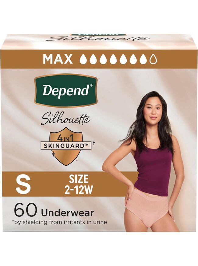 Depend Silhouette Adult Incontinence & Postpartum Bladder Leak Underwear for Women, Maximum Absorbency, Small, Pink, 60 Count (2 Packs of 30), Packaging May Vary