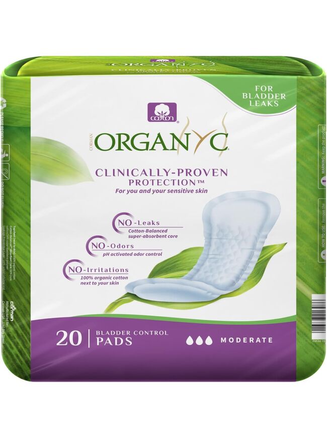 Organyc - 100% Organic Cotton Inside and Out Incontinence Pads for Bladder Leaks - Certified Odor Control, FSA/HSA Eligible, Moderate Flow, Regular Absorbency, 20 Count