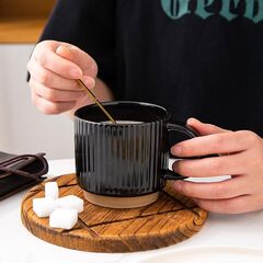 GBHOME 12OZ Stackable Coffee Mugs, Ceramic Coffee Mugs with Texture Patterns, Modern Coffee Mugs Set of 4 Dishwasher&Microwave Safe, Black