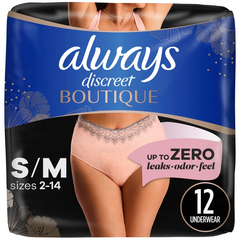 Always Discreet Boutique Adult Incontinence & Postpartum Underwear For Women, High-Rise, Size Small/Medium, Rosy, Maximum Absorbency, Disposable, 12 Count (Packaging May Vary)