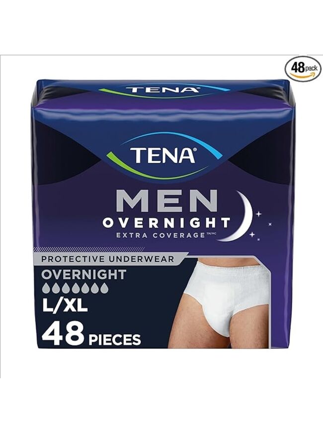 TENA Overnight Extra Coverage Incontinence Underwear for Men, Masculine Style and Discreet Cut Men's Underwear, Large/X-Large, 48 ct