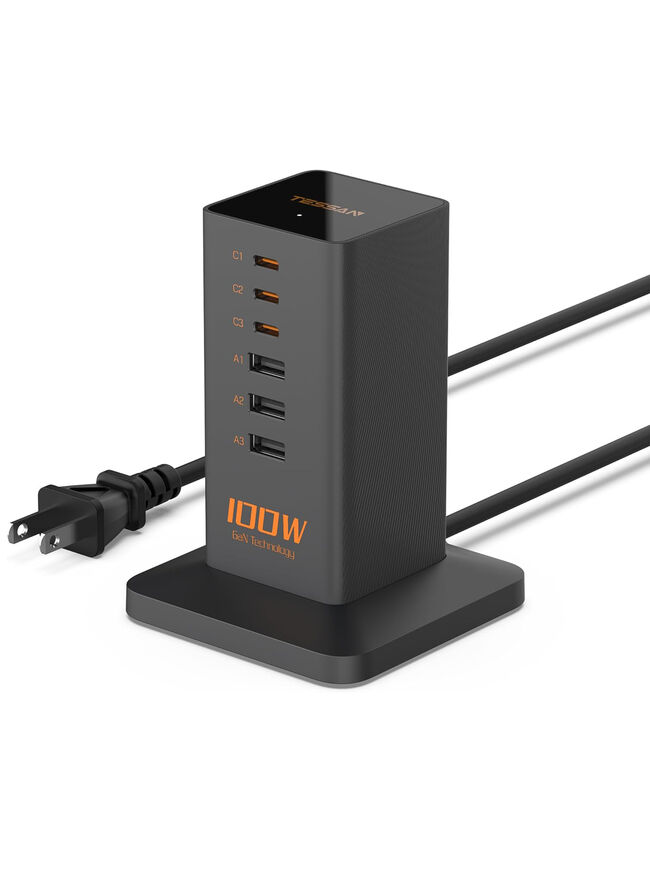 USB C Charger Blcok PD 100W, TESSAN 6-in-1 Charging Station for Multiple Devices, Desktop Tower Charger with 6 USB Ports for iPhone 16/15, MacBook, Tablet, Office Home Dorm Room Accessories