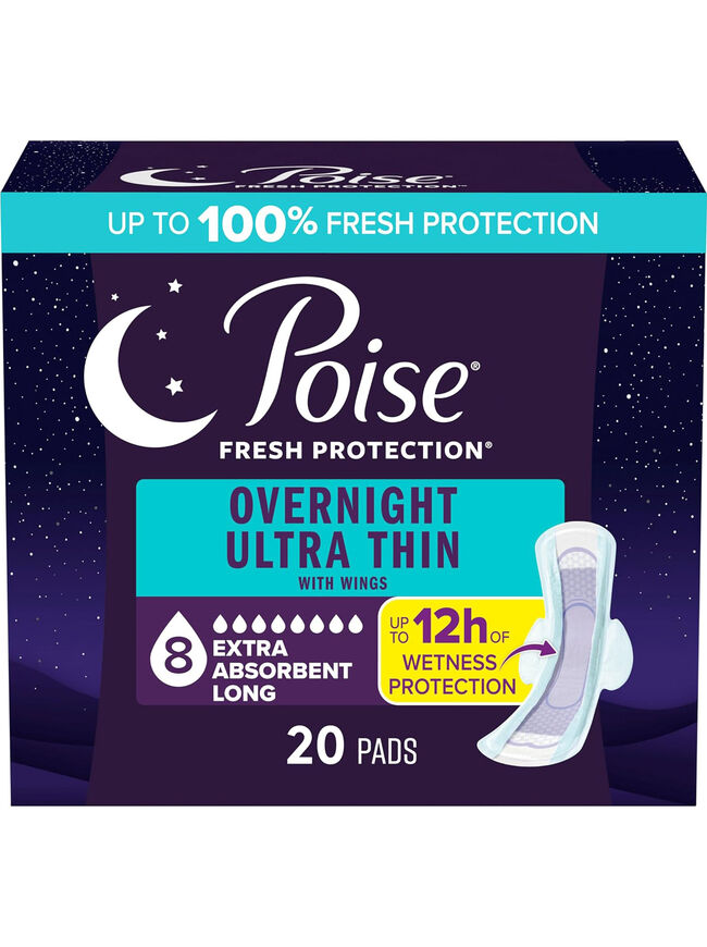 Poise Overnight Ultra Thin Pads (Incontinence/Postpartum), 8 Drop, Long, 20 Ct