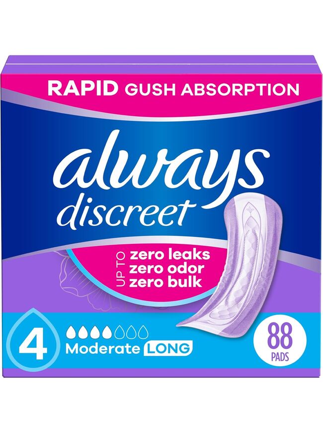 Always Discreet Adult Incontinence Pads for Women, Moderate Absorbency, Long Length, Postpartum Pads, 88 CT