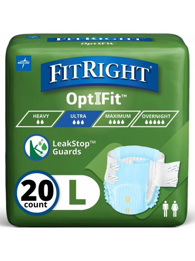 FitRight OptiFit Briefs, Ultra Absorbent, Disposable Adult Briefs with Tabs, Large, 44"-56", 20 Count