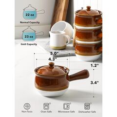 LE TAUCI French Onion Soup Bowls, 22 Ounce Ceramic Soup Bowls with Handles, Soup Crocks with Lids for Soup, Cereal, Chilli, Beef Stew, Oven Safe Stackable Serving Bowls Set, Set of 4