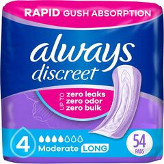 Always Discreet Incontinence Pads, Moderate Absorbency, Regular Length, 54 CT