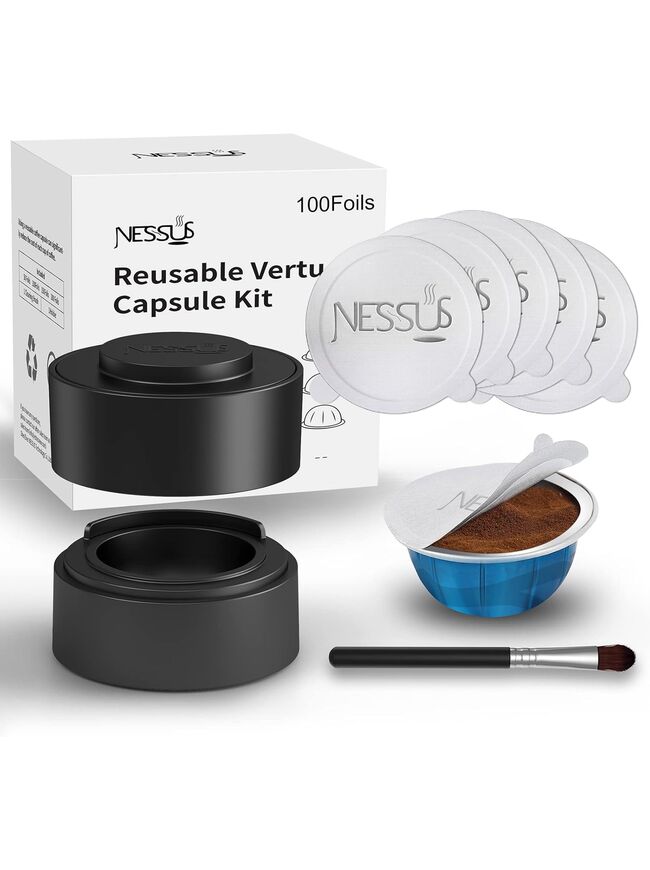 Nessus Reusable Vertuo Capsule Kit, [ALSeal EZ FIT] for Reusable Nespresso Pods with 100 Pcs Aluminum Foil Seal Lids, Holder, Brush, for Refilling Nespresso Vertuo Pods Reusable Vertuoline Pod