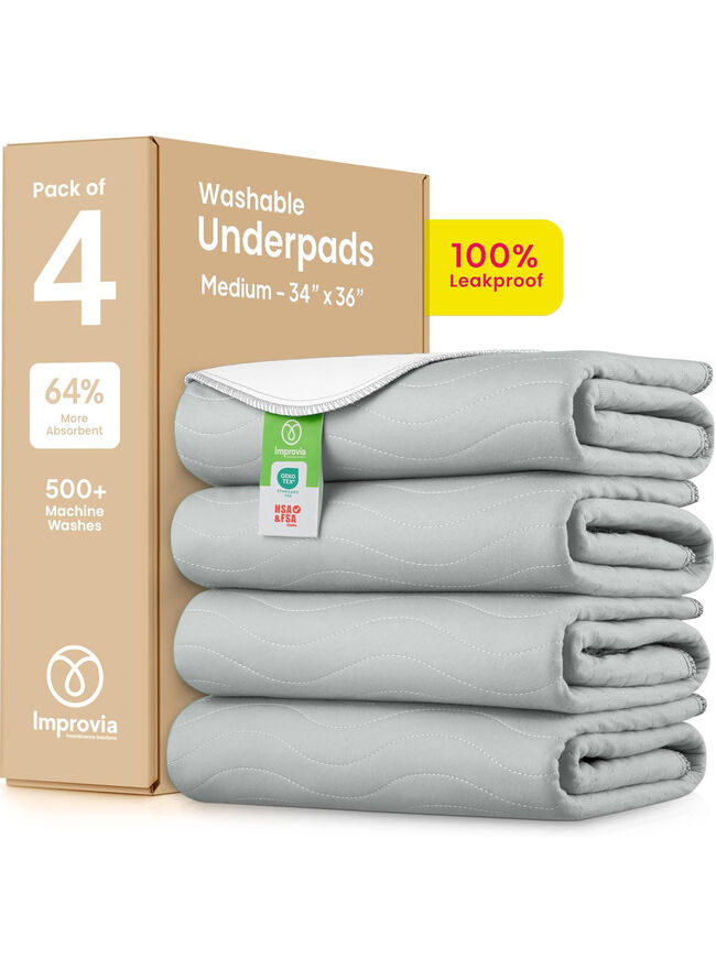 IMPROVIA® Washable Underpads 34"x36", Heavy Absorbency, 4-Pack (Gray & White)