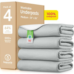 IMPROVIA® Washable Underpads 34"x36", Heavy Absorbency, 4-Pack (Gray & White)