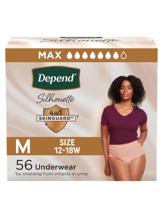 Depend Silhouette Adult Incontinence & Postpartum Bladder Leak Underwear for Women, Maximum Absorbency, Medium, Pink, 56 Count (2 Packs of 28), Packaging May Vary