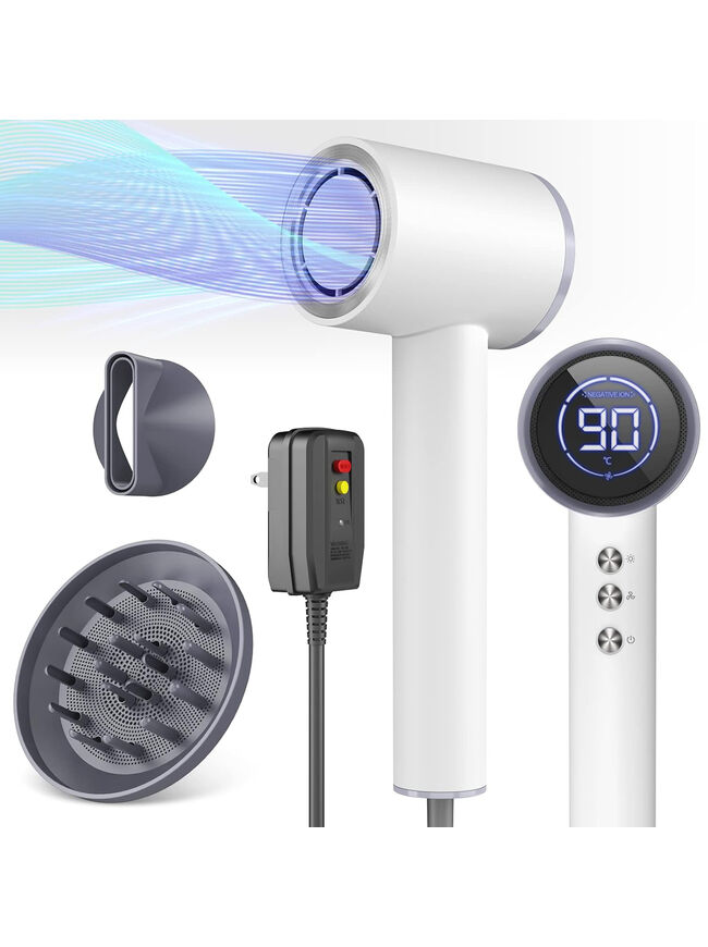 DRSPEE Hair Dryer, HC03 High-speed Blow Dryer for Fast Dry, Ionic Hair Dryer with Diffuser, 1600W, LED Display, Portable Hair Dryer for Travel Home Salon-White