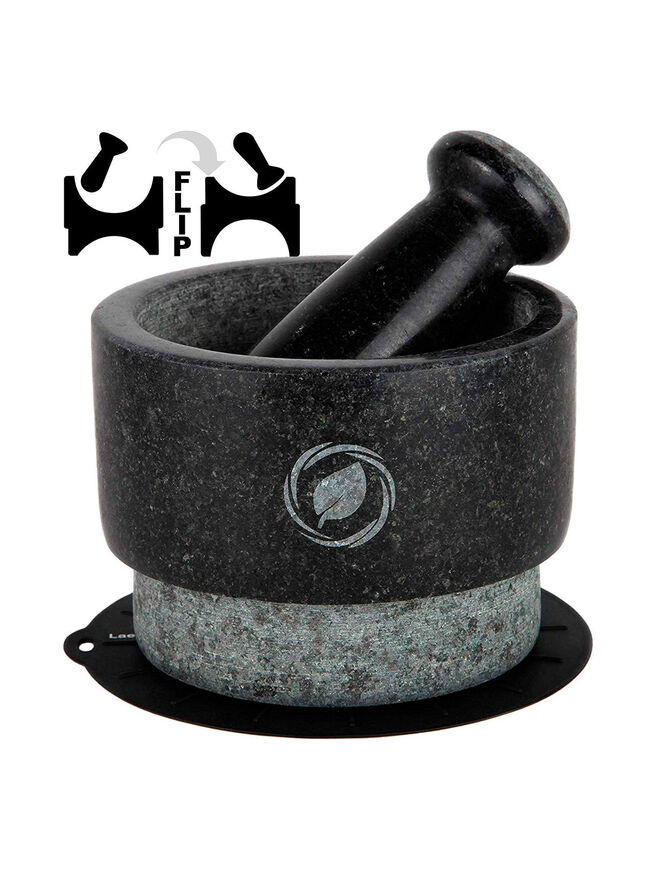 Mortar and Pestle Large Set - Laevo Black Granite Stone Spice Grinder, 2.1 Cup Capacity, 5.5 Inches - Reversible Molcajete Mexicano - Guacamole, Spices - Large Mortar and Pestles Set