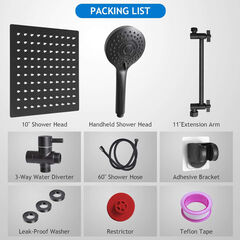 Shower Head Combo,10 Inch High Pressure Rain Shower Head with 11 Inch Adjustable Extension Arm and 5 Settings Handheld Powerful Shower Spray Against Low Pressure Water - Matte Black