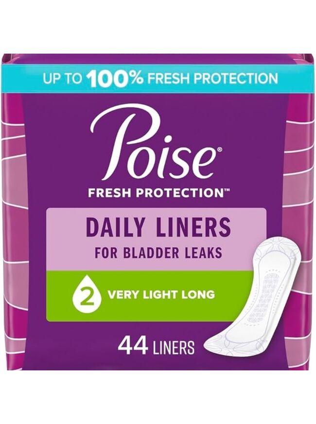 Poise Daily Incontinence Panty Liners, 2 Drop Very Light Absorbency, Long, 44 Count of Pantiliners, Packaging May Vary