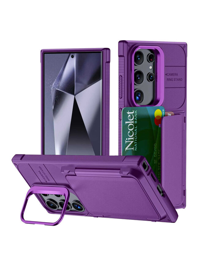 Goosebox Shockproof Samsung Galaxy S24 Ultra Case with Adjustable Ring Stand and Built-in Card Holder - Purple