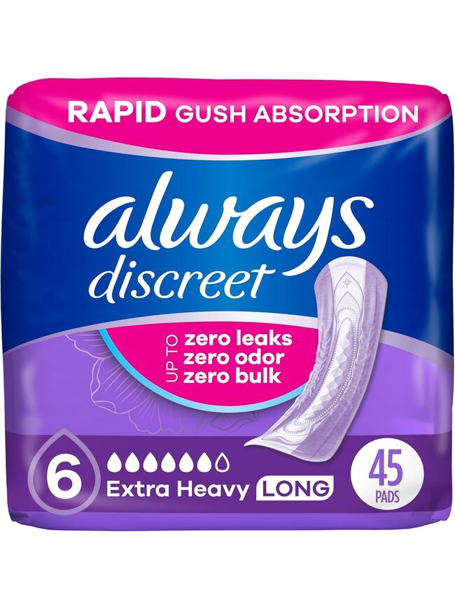 Always Discreet Adult Incontinence Pads for Women, Extra Heavy Absorbency, Long Length, Postpartum Pads, 45 Count (Packaging May Vary)