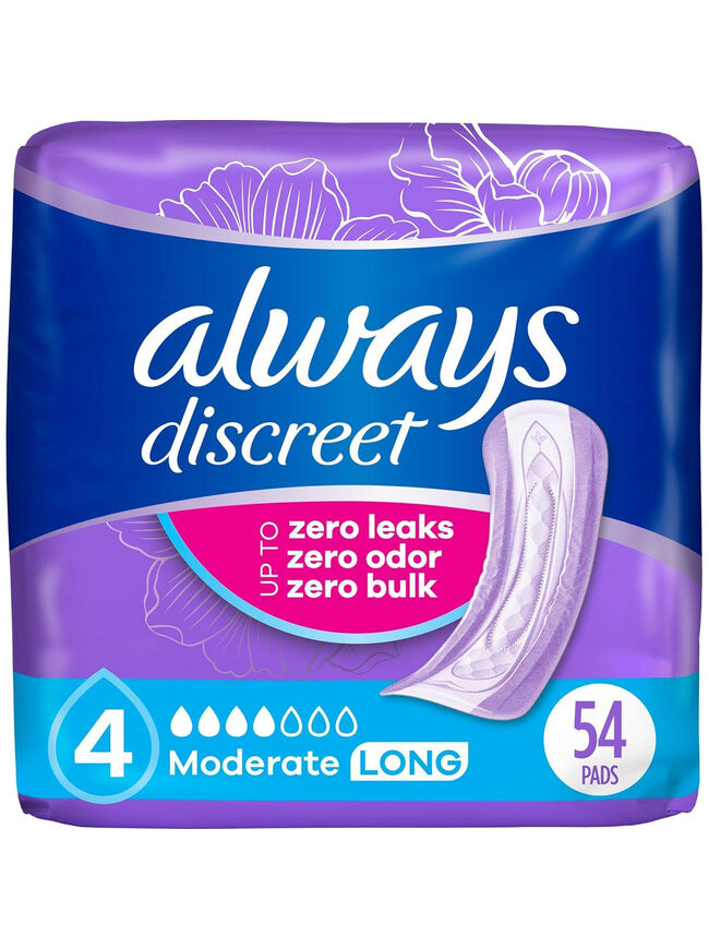 Always Discreet Adult Incontinence Pads for Women, Moderate, Long, 54 Count