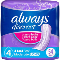 Always Discreet Adult Incontinence Pads for Women, Moderate, Long, 54 Count