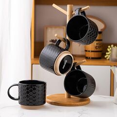 GBHOME 12OZ Stackable Coffee Mugs, Ceramic Coffee Mugs with Texture Patterns, Modern Coffee Mugs Set of 4 Dishwasher&Microwave Safe, Black