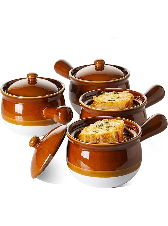 LE TAUCI French Onion Soup Bowls, 22 Ounce Ceramic Soup Bowls with Handles, Soup Crocks with Lids for Soup, Cereal, Chilli, Beef Stew, Oven Safe Stackable Serving Bowls Set, Set of 4
