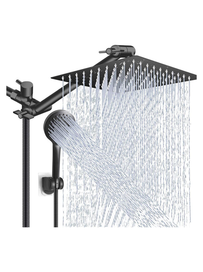 Shower Head Combo,10 Inch High Pressure Rain Shower Head with 11 Inch Adjustable Extension Arm and 5 Settings Handheld Powerful Shower Spray Against Low Pressure Water - Matte Black
