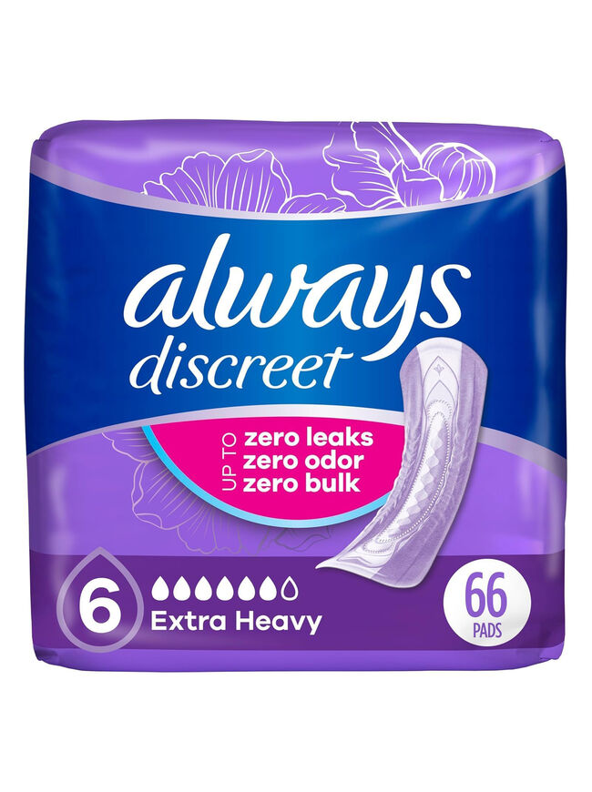 Always Discreet Adult Incontinence Pads for Women, Extra Heavy Absorbency, Regular Length, Postpartum Pads, Up to 100% Bladder Leak Protection, 33 Count x 2 Packs (66 Count Total) (Packaging May Vary)