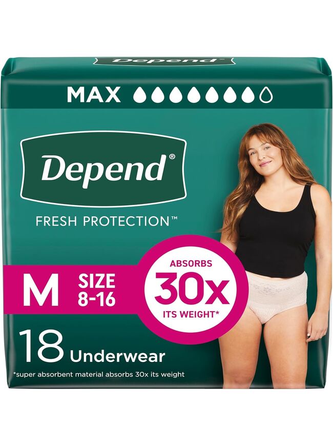 Depend Fresh Protection Adult Incontinence & Postpartum Bladder Leak Underwear for Women, Disposable, Maximum, Medium, Blush, 18 Count, Packaging May Vary