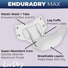 LivDry EnduraDry Max Adult Tabs Diapers - 12-Hour Absorb Leak (Large,16-Pack)