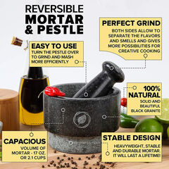 Mortar and Pestle Large Set - Laevo Black Granite Stone Spice Grinder, 2.1 Cup Capacity, 5.5 Inches - Reversible Molcajete Mexicano - Guacamole, Spices - Large Mortar and Pestles Set