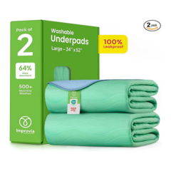 IMPROVIA® Washable Underpads, 34" x 52" (Pack of 2) - Heavy Absorbency Reusable Incontinence Pads for Kids, Adults, Elderly, and Pets - Waterproof Protective Pad for Bed, Couch, Sofa, Furniture, Floor