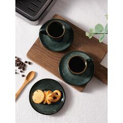 famiware Ocean Espresso Cups with Saucers Set of 4, 3.34oz Espresso Cup Set, Coffee Mug Set for Latte, Macchiato, Stoneware Demitasse Cups Set for Cafe, Microwave&Dishwasher Safe, Deep Forest