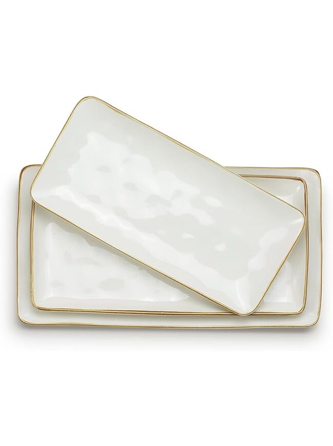 famiware Serving Platter, Rectangular 15.67/14.1/12.6inch Serving Dishes for Entertaining, Microwave Dishwasher Safe, Stoneware Serving Trays for Party, Turkey, Cheese, Ocean Series, Vanilla White