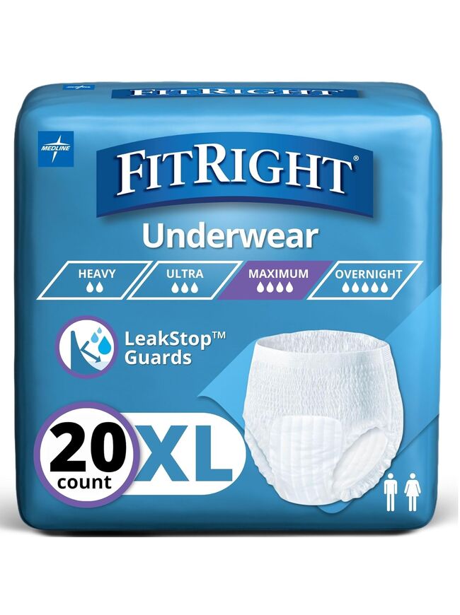 FitRight Super Protective Incontinence Underwear, Maximum Absorbency, XL, 56 to 68", 20 Count