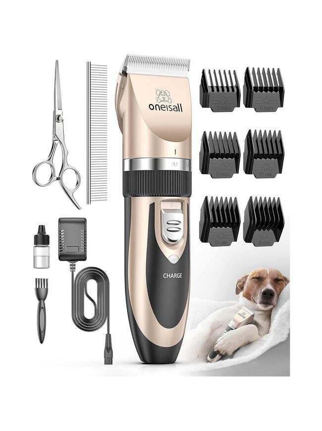 oneisall Dog Clipper Low Noise, Dog Grooming Kit with Rechargeable, Dog Shaver Cordless Electric Quiet Hair Clipper Set for Dog Cats Pets（Gold）