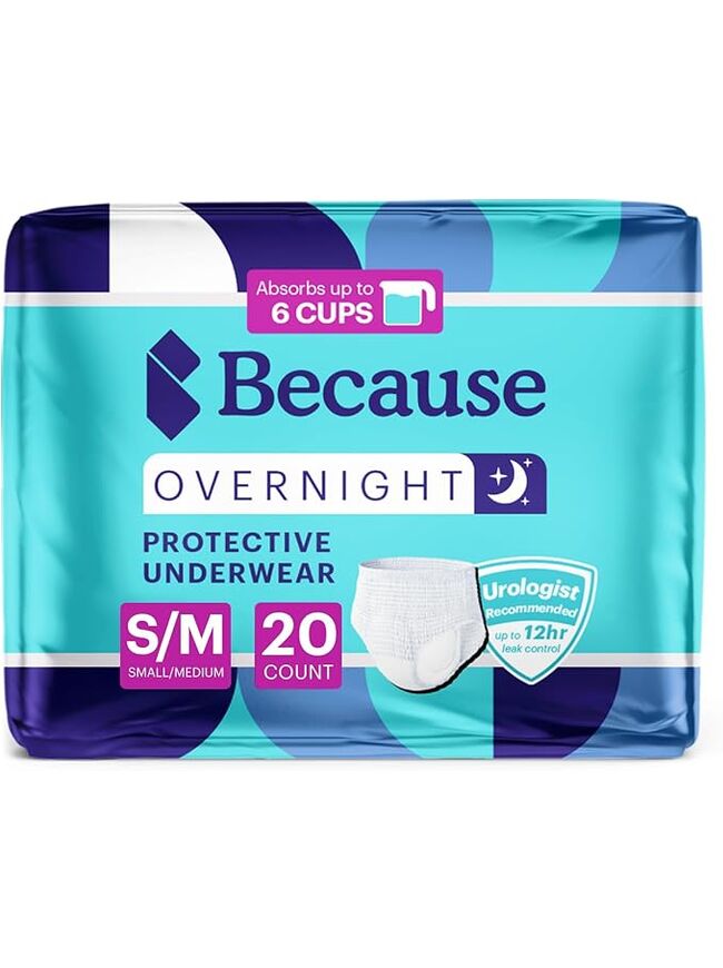 Because Overnight Absorbency Pull Ups - Adult Disposable Incontinence Underwear, Extra Absorbent Nighttime Briefs for Men and Women, White, Small/Medium, 20 Count