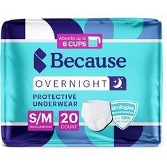 Because Overnight Absorbency Pull Ups - Adult Disposable Incontinence Underwear, Extra Absorbent Nighttime Briefs for Men and Women, White, Small/Medium, 20 Count