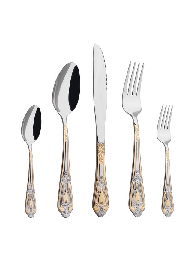 Silverware Set Limited Edition – 20 Piece Flatware Set – Cutlery Set for 4 – Silver Tableware Set w/Gold Accents – Great for Family Gatherings & Daily Use – Spoons, Knives, Teaspoons, Forks(Medallion)
