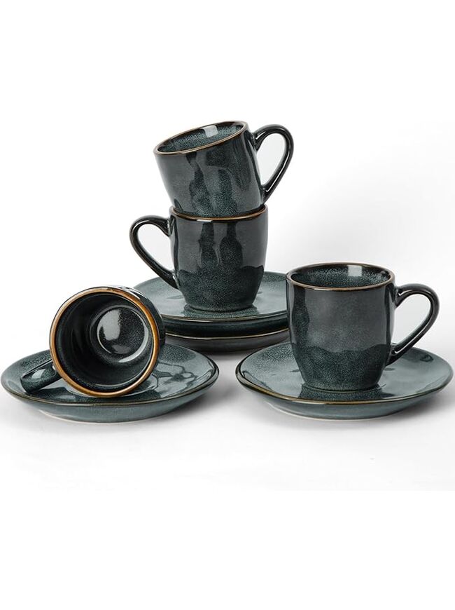 famiware Ocean Espresso Cups with Saucers Set of 4, 3.34oz Espresso Cup Set, Coffee Mug Set for Latte, Macchiato, Stoneware Demitasse Cups Set for Cafe, Microwave&Dishwasher Safe, Deep Forest