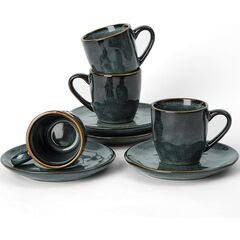 famiware Ocean Espresso Cups with Saucers Set of 4, 3.34oz Espresso Cup Set, Coffee Mug Set for Latte, Macchiato, Stoneware Demitasse Cups Set for Cafe, Microwave&Dishwasher Safe, Deep Forest