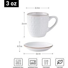 famiware Espresso Cups and Saucers Set of 4, 3 oz Ceramic Small Coffee Mug with Handle, Embossed Stoneware Demitasse Cup for Tea, Latte - Microwave & Dishwasher Safe - White Circle