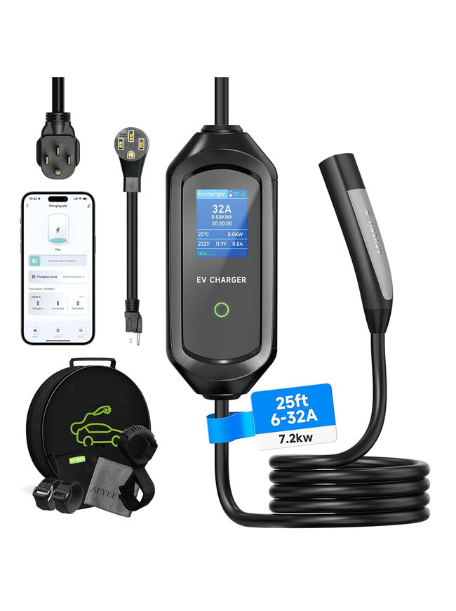 AFYEEV Level 1/2 Charger, 32A 110-240V WiFi/APP Enabled 25FT Cable Tesla Mobile Charger with NEMA 14-50P&5-15, Adjustable Current & Delay Charge Time, Home Charging for Tesla Model Y/3/S/X