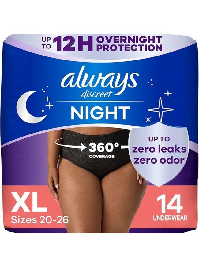 Always Discreet Adult Incontinence Overnight Underwear for Women, Extra Large, Up to 100% Bladder Leak Protection, 14 Count