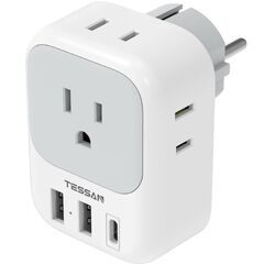 TESSAN Type E F Plug Adapter, Germany France Power Adapter with 3 USB Ports(1 USB C), 4 AC Outlets Travel Adaptor for US to Europe EU Spain Iceland Korea Greece Russia German French