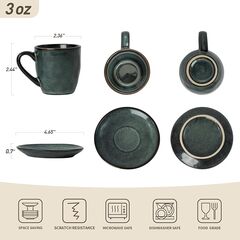famiware Ocean Espresso Cups with Saucers Set of 4, 3.34oz Espresso Cup Set, Coffee Mug Set for Latte, Macchiato, Stoneware Demitasse Cups Set for Cafe, Microwave&Dishwasher Safe, Deep Forest